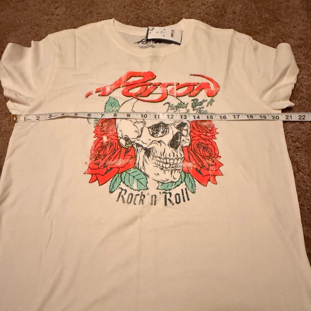 Poison Nothin But A Good Time Band Tee Skull Roses Graphic T-Shirt Off-White L - Picture 3 of 4